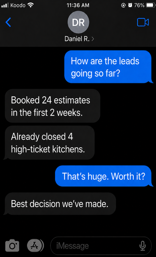 Text message from a remodeling contractor about booked estimates and closed jobs (1)