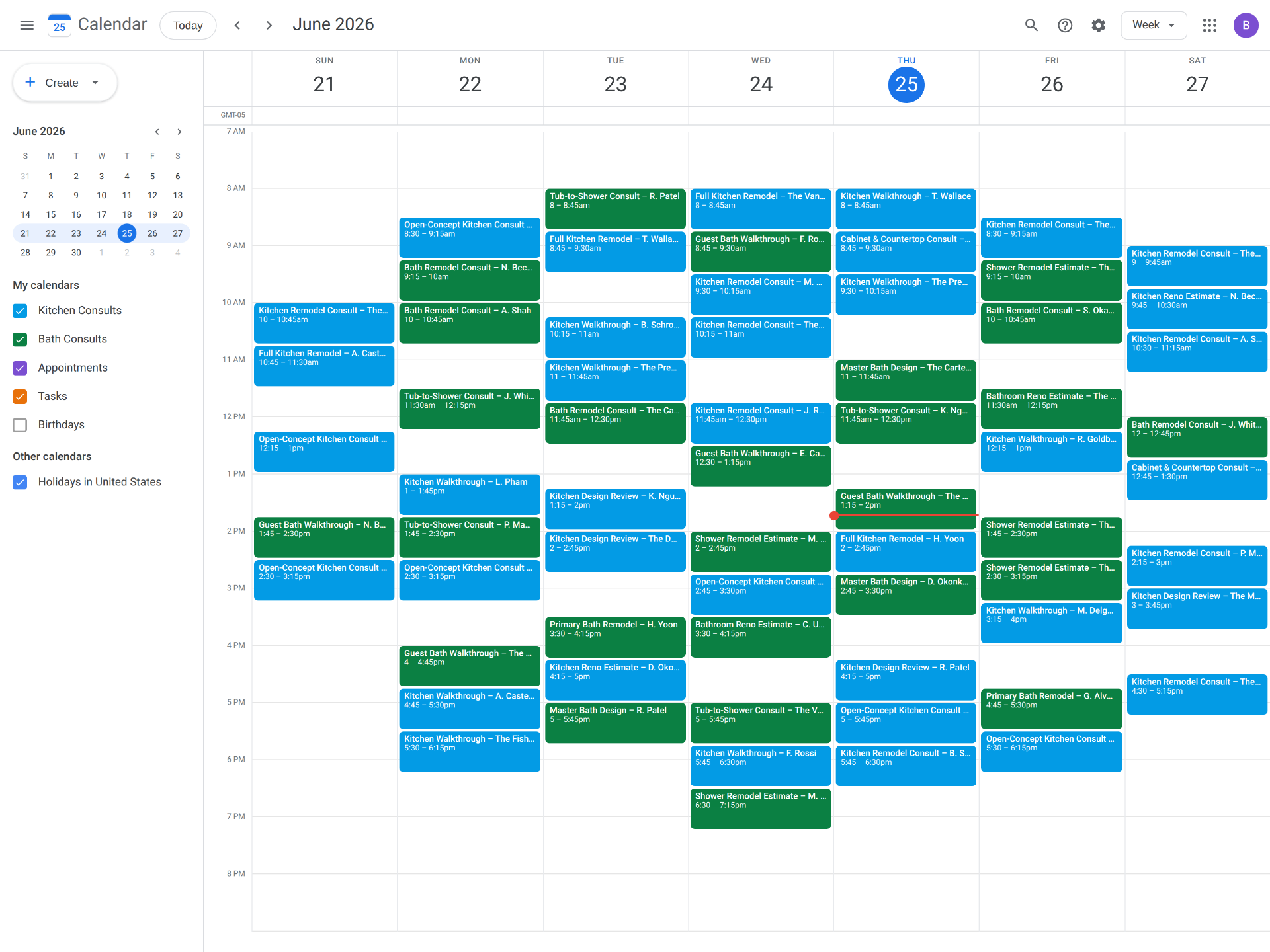 Calendar showing fully booked kitchen and bath consultation calls